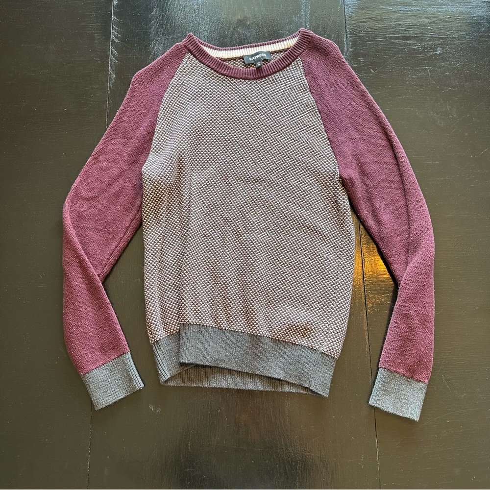 Express XS Gray Maroon Crewneck Sweater Dressy Preppy Work Business